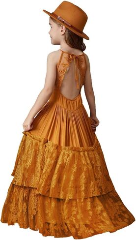 BIBIHOU Girls Kids Lace Back Full-Length Backless Tulle Party Holiday Formal Flower Girl Dress in Saudi Arabia
