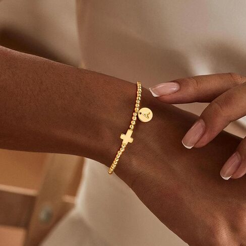 M MOOHAM Initial Bracelets for Women - Cross Bracelet for Womens Letter A-Z Cross Bracelet Gold Beaded Bracelets Dainty Small Jewelry, Religious Christian Gifts for Women in Saudi Arabia