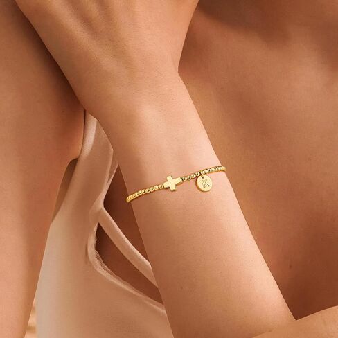 M MOOHAM Initial Bracelets for Women - Cross Bracelet for Womens Letter A-Z Cross Bracelet Gold Beaded Bracelets Dainty Small Jewelry, Religious Christian Gifts for Women in Saudi Arabia