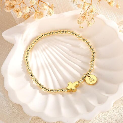 M MOOHAM Initial Bracelets for Women - Cross Bracelet for Womens Letter A-Z Cross Bracelet Gold Beaded Bracelets Dainty Small Jewelry, Religious Christian Gifts for Women in Saudi Arabia