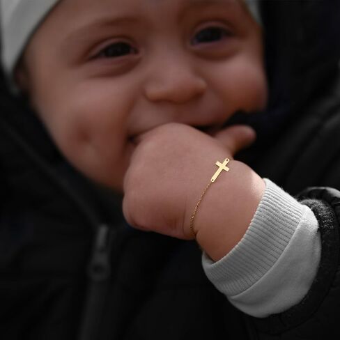 MIONZA 14K Solid Gold Baby Cross Bracelet – Sideways Adjustable in Hollow or Solid – Religious Gift for Baptism, Infant, Teen, Boys & Girls in Saudi Arabia