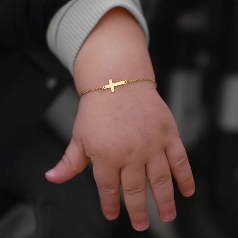 MIONZA 14K Solid Gold Baby Cross Bracelet – Sideways Adjustable in Hollow or Solid – Religious Gift for Baptism, Infant, Teen, Boys & Girls in Saudi Arabia