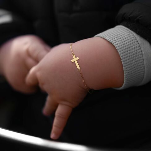 MIONZA 14K Solid Gold Baby Cross Bracelet – Sideways Adjustable in Hollow or Solid – Religious Gift for Baptism, Infant, Teen, Boys & Girls in Saudi Arabia