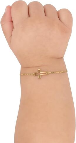 14K Solid Gold Baby Cross Bracelet or Custom ID – Sideways Adjustable in Hollow or Personalized– Religious Gift for Baptism, Infant, Teen, Boys & Girls in Saudi Arabia