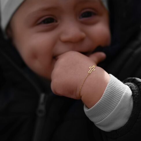 14K Solid Gold Baby Cross Bracelet or Custom ID – Sideways Adjustable in Hollow or Personalized– Religious Gift for Baptism, Infant, Teen, Boys & Girls in Saudi Arabia