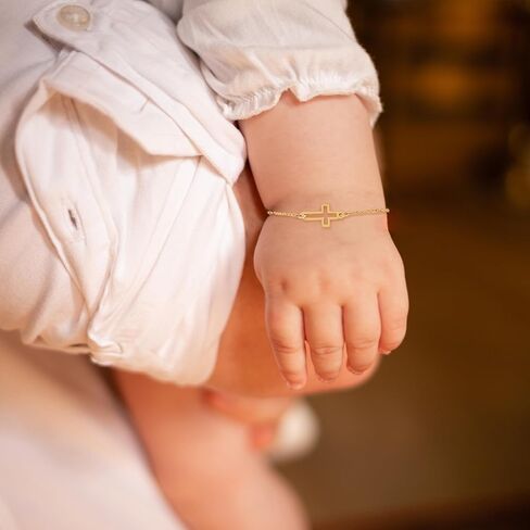 14K Solid Gold Baby Cross Bracelet or Custom ID – Sideways Adjustable in Hollow or Personalized– Religious Gift for Baptism, Infant, Teen, Boys & Girls in Saudi Arabia