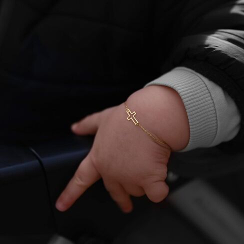 14K Solid Gold Baby Cross Bracelet or Custom ID – Sideways Adjustable in Hollow or Personalized– Religious Gift for Baptism, Infant, Teen, Boys & Girls in Saudi Arabia