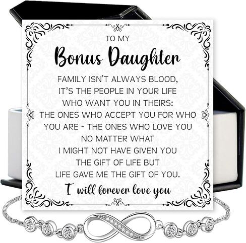 To My Bonus Daughter Bracelet Gift - Infinity Symbol Jewelry with Heartfelt Message Card - Meaningful Stepdaughter Birthday, Christmas, Graduation, or Wedding Gift from Stepmom or Dad in Saudi Arabia