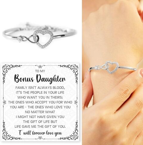 To My Bonus Daughter Bracelet Gift - Infinity Symbol Jewelry with Heartfelt Message Card - Meaningful Stepdaughter Birthday, Christmas, Graduation, or Wedding Gift from Stepmom or Dad in Saudi Arabia