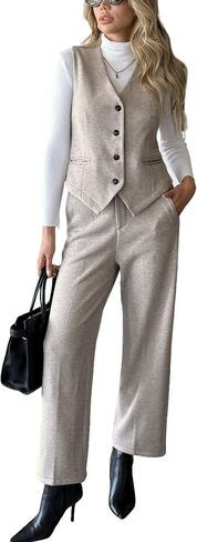 Women's 2 Piece Outfits Wool Blend Vest Waistcoat Dressy Casual Sets Winter Crop Wide Leg Pants Suits in Saudi Arabia