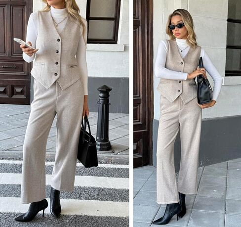 Women's 2 Piece Outfits Wool Blend Vest Waistcoat Dressy Casual Sets Winter Crop Wide Leg Pants Suits in Saudi Arabia