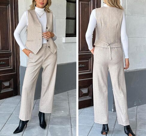 Women's 2 Piece Outfits Wool Blend Vest Waistcoat Dressy Casual Sets Winter Crop Wide Leg Pants Suits in Saudi Arabia