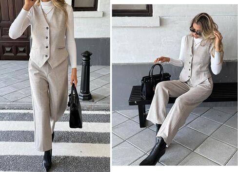 Women's 2 Piece Outfits Wool Blend Vest Waistcoat Dressy Casual Sets Winter Crop Wide Leg Pants Suits in Saudi Arabia