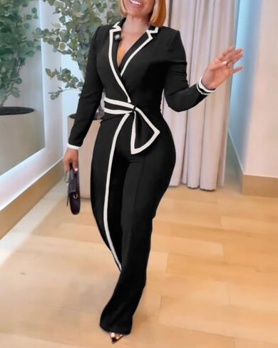 نلادة أمامية تشيكم للنساء 2025 ألواح التباين طويلة الأكمام ذات الأكمام الطويلة المنقوقة على الكتفين بذلة غير رسمية in Kuwait