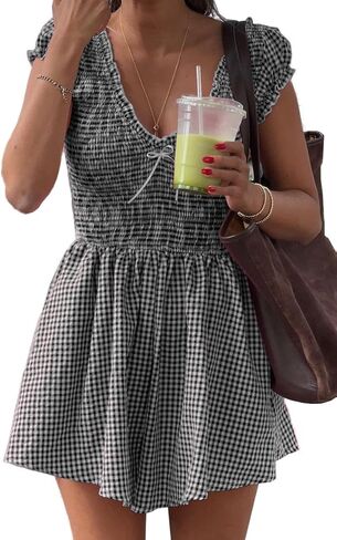 Womens Summer Gingham Rompers V Neck Puff Sleeve Smocked Wide Leg Plaid Shorts Dressy Jumpsuits in Saudi Arabia