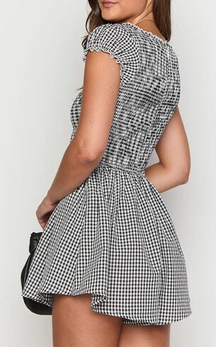 Womens Summer Gingham Rompers V Neck Puff Sleeve Smocked Wide Leg Plaid Shorts Dressy Jumpsuits in Saudi Arabia