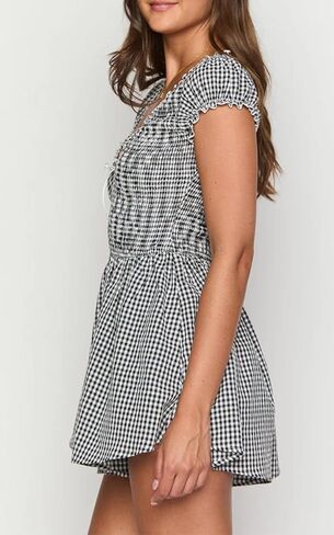 Womens Summer Gingham Rompers V Neck Puff Sleeve Smocked Wide Leg Plaid Shorts Dressy Jumpsuits in Saudi Arabia