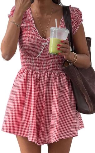 Womens Summer Gingham Rompers V Neck Puff Sleeve Smocked Wide Leg Plaid Shorts Dressy Jumpsuits in Saudi Arabia