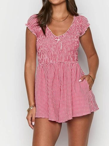 Womens Summer Gingham Rompers V Neck Puff Sleeve Smocked Wide Leg Plaid Shorts Dressy Jumpsuits in Saudi Arabia