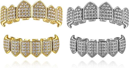 Soulchen 2 Set Vampire Teeth Silver Gold Diamond Grills for Your Teeth for Men Women 18k Gold Plated Hip Hop Rapper Costume Halloween Cosplay Extra Molding Bars in Saudi Arabia