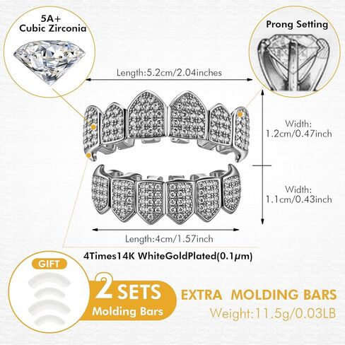 Soulchen 2 Set Vampire Teeth Silver Gold Diamond Grills for Your Teeth for Men Women 18k Gold Plated Hip Hop Rapper Costume Halloween Cosplay Extra Molding Bars in Saudi Arabia