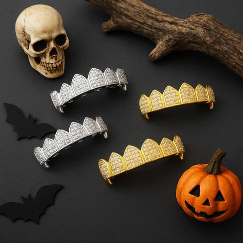 Soulchen 2 Set Vampire Teeth Silver Gold Diamond Grills for Your Teeth for Men Women 18k Gold Plated Hip Hop Rapper Costume Halloween Cosplay Extra Molding Bars in Saudi Arabia