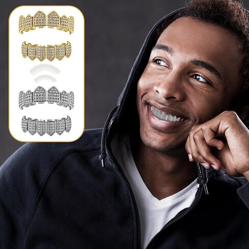 Soulchen 2 Set Vampire Teeth Silver Gold Diamond Grills for Your Teeth for Men Women 18k Gold Plated Hip Hop Rapper Costume Halloween Cosplay Extra Molding Bars in Saudi Arabia
