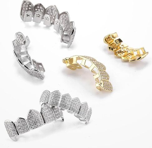 Soulchen 2 Set Vampire Teeth Silver Gold Diamond Grills for Your Teeth for Men Women 18k Gold Plated Hip Hop Rapper Costume Halloween Cosplay Extra Molding Bars in Saudi Arabia
