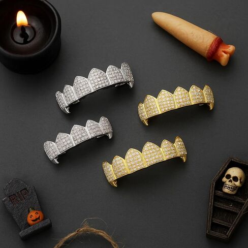 Soulchen 2 Set Vampire Teeth Silver Gold Diamond Grills for Your Teeth for Men Women 18k Gold Plated Hip Hop Rapper Costume Halloween Cosplay Extra Molding Bars in Saudi Arabia