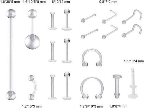 Clear Piercing Retainers for Surgery Sports - Clear Nose Studs, Rings, Earrings Plastic Lip Piercing Jewelry, Vertical Labret, Cartilage Retainers Medical/Sport Safe Bioflex Industrial Bar for Women Men in Kuwait