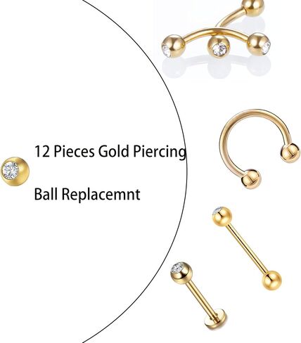 استبدال الذهب كرات ثقب 16G 3MM متوافقة مع الحاجز المربوطة خارجيا ، الأذن ، بيرات لابريت وأداة جرب الكرة الثقب ، 12 قطعة in Saudi Arabia