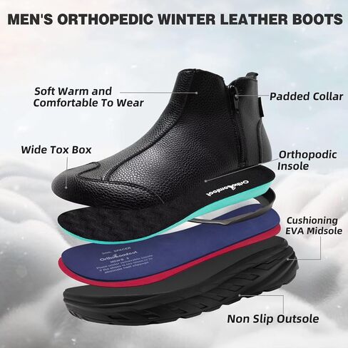 Men's Orthopedic Diabetic Winter Boots: Wide Toe Box Comfortable Arch Support Plantar Fasciitis Leather Dress Oxfords Shoes, Casual Warm Walking Snow Ankle Mid Boots for Foot and Heel Pain Relief in Saudi Arabia