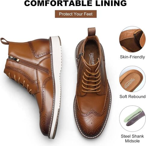 Mens Dress Boots, Genuine Leather Brogue Wingtip Mens Casual Oxford Boots with Side Zipper, Comfortable Formal Lace Up Chukka Ankle Boot for Men in Saudi Arabia