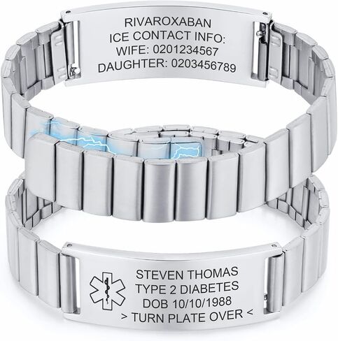 Medical Alert Bracelets Unisex Adult-Detachable Mḁgnⱸtic Strap Chunky Identification Bracelet Comfy Fit Stainless Steel Emergency ID Bar Tag 2025 Trendy Jewelry Gifts For Diabetic in Saudi Arabia