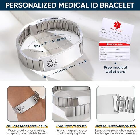 Medical Alert Bracelets Unisex Adult-Detachable Mḁgnⱸtic Strap Chunky Identification Bracelet Comfy Fit Stainless Steel Emergency ID Bar Tag 2025 Trendy Jewelry Gifts For Diabetic in Saudi Arabia