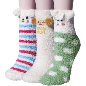Loritta 3 Pairs Womens Fuzzy Socks Winter Warm Fluffy Soft Slipper Home Sleeping Cute Animal Socks in Kuwait