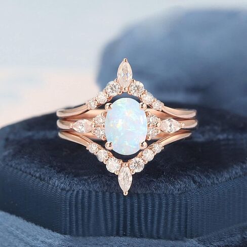 Kardy Natural Opal Moissanite Diamond Solid 10K/14K/18K Rose Gold 925 Silver Wedding Engagement Matching Ring set for Women with Certificate in Kuwait