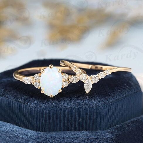 Kardy Natural Opal Moissanite Diamond Solid 10K/14K/18K Rose Gold 925 Silver Wedding Engagement Matching Ring set for Women with Certificate in Kuwait