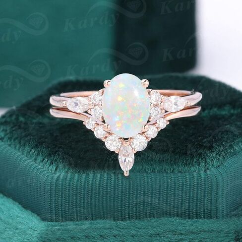 Kardy Natural Opal Moissanite Diamond Solid 10K/14K/18K Rose Gold 925 Silver Wedding Engagement Matching Ring set for Women with Certificate in Kuwait