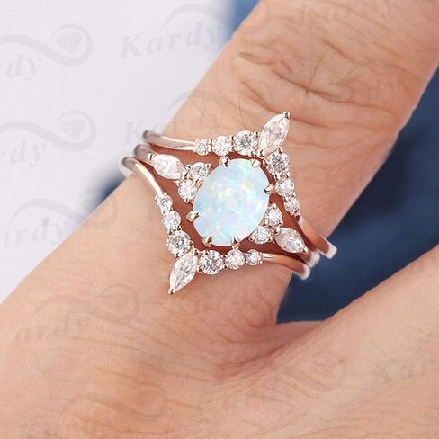 Kardy Natural Opal Moissanite Diamond Solid 10K/14K/18K Rose Gold 925 Silver Wedding Engagement Matching Ring set for Women with Certificate in Kuwait