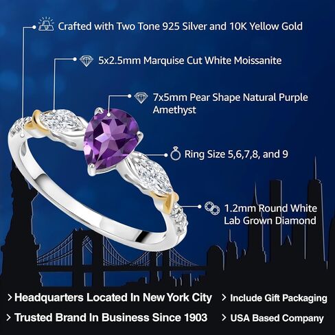 Gemstone Birthstone ، Moissanite and Lab Grown Diamond Diamond اثنين من خاتم الخطوبة للنساء | 925 الفضة 10K الذهب الأصفر | Pear 7x5mm ، Marquise 5x2.5mm ، جولة 1.2 مم | رنين الوعد الذكرى السنوية in Saudi Arabia