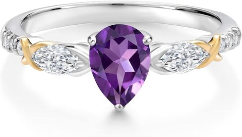 Gemstone Birthstone ، Moissanite and Lab Grown Diamond Diamond اثنين من خاتم الخطوبة للنساء | 925 الفضة 10K الذهب الأصفر | Pear 7x5mm ، Marquise 5x2.5mm ، جولة 1.2 مم | رنين الوعد الذكرى السنوية in Saudi Arabia