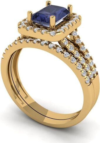 Clara Pucci 1.57ct Emerald Cut Blue Sapphire 14k White Gold Halo Solitaire with Accents Wedding Bridal Promise Ring Band Set in Saudi Arabia