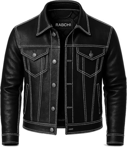 Men’s Distressed Brown Lambskin Leather Trucker Jacket - Men Genuine Vintage Motorcycle Biker Style Western Jackets in Saudi Arabia