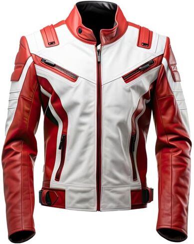 Men’s White Red Genuine Sheepskin Single Breasted Belted Comfortable Sporty Punk Racer Biker Motorcycle Leather Jacket in Saudi Arabia