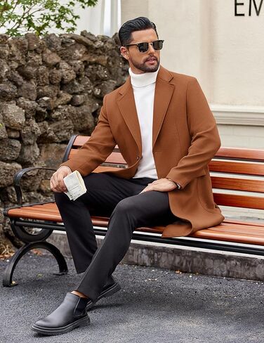 COOFANDY Mens Trench Coat Long Casual Single Brested Overcoat Winter Notched Collar Wool Blend Pea coat With Pockets in Saudi Arabia