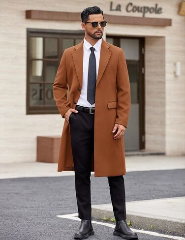COOFANDY Mens Trench Coat Long Casual Single Brested Overcoat Winter Notched Collar Wool Blend Pea coat With Pockets in Saudi Arabia