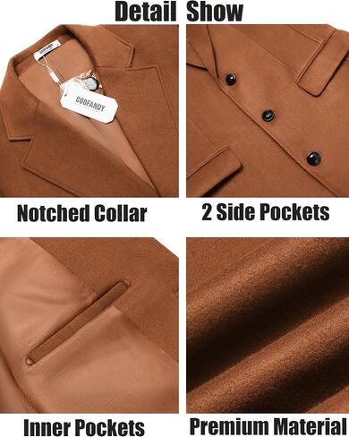COOFANDY Mens Trench Coat Long Casual Single Brested Overcoat Winter Notched Collar Wool Blend Pea coat With Pockets in Saudi Arabia