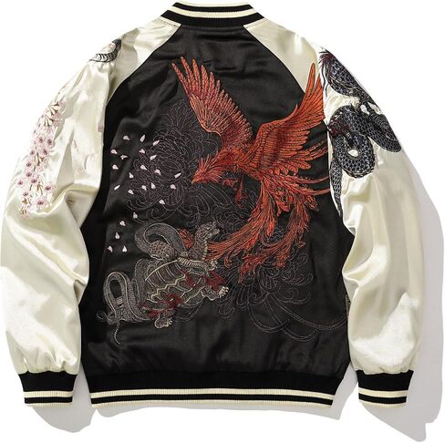Phoenix Embroidered Men's Bomber Jacket Japanese Style Oversized Streetwear Full-Zip Spring Fall Windbreaker Coat in Kuwait