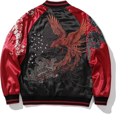 Phoenix Embroidered Men's Bomber Jacket Japanese Style Oversized Streetwear Full-Zip Spring Fall Windbreaker Coat in Kuwait